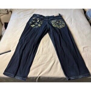 Raw Blue Denim Jeans Money Diamonds Graphic Embroidered Pockets Mens Size 42x34